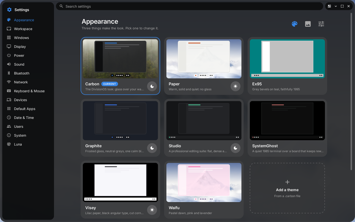 Settings, on the Appearance page with the theme cards